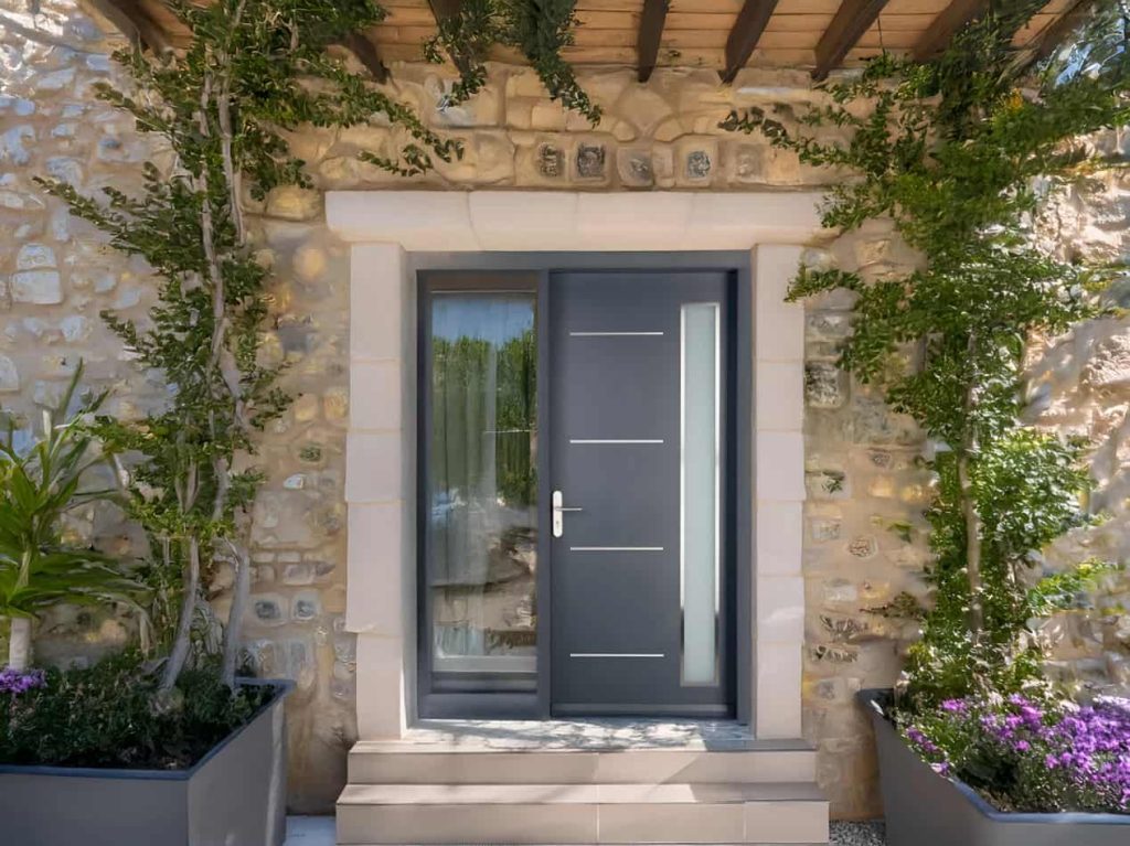 Porte d'entrée moderne gris anthracite encadrée de pierres naturelles et de plantes grimpantes.