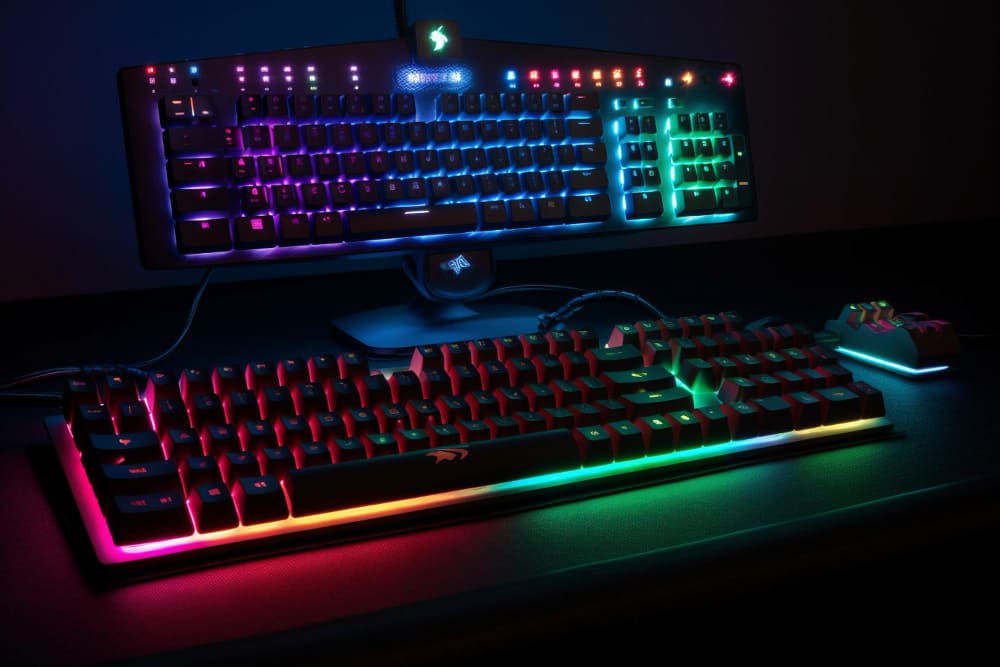 Deux claviers gamer éclairés en RGB, l'un au-dessus de l'autre, posés sur un bureau sombre.