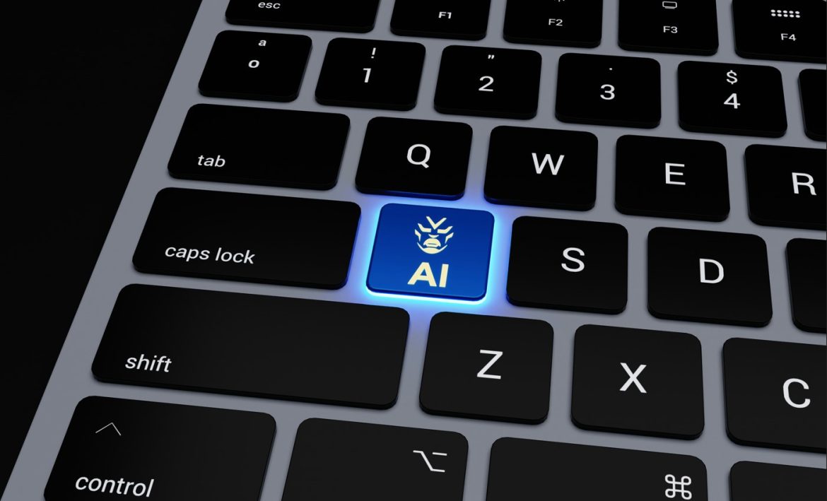 Gros plan d'un clavier d'ordinateur moderne mettant en avant une touche lumineuse bleue avec un logo futuriste et l'inscription IA marketing digital.