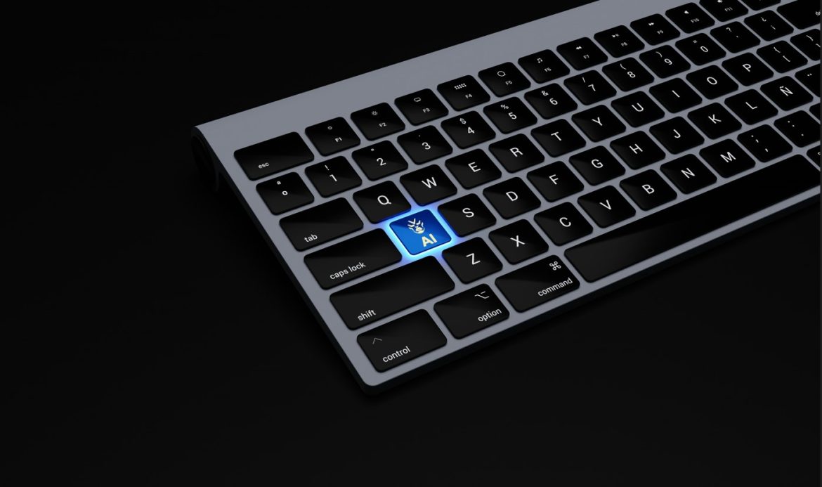 Clavier d'ordinateur moderne avec une touche lumineuse bleue marquée "AI" illustrant comment utiliser l'IA.