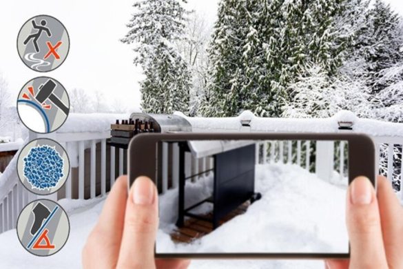 Une personne utilise son téléphone pour photographier une terrasse enneigée avec des icônes de sécurité expliquant comment protégez votre maison contre les glissades hivernales