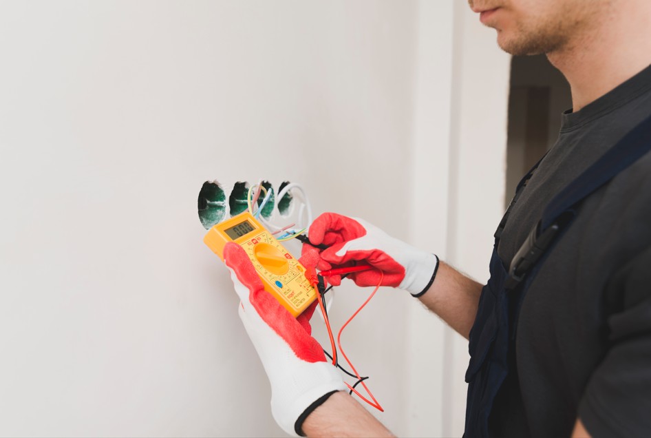 Un technicien contrôle la tension des fils électriques avec un multimètre lors d’un diagnostic électrique avant vente immobilière.